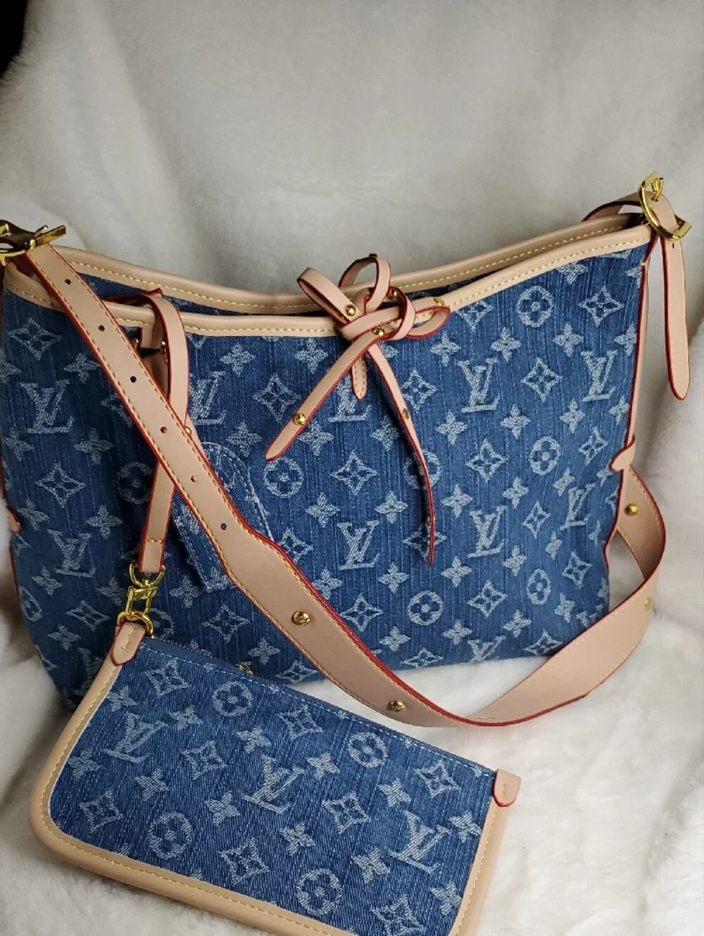 Blue Monogram Denim Shoulder Bag with Beige Trim